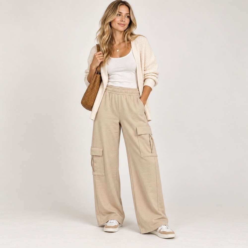 Zara Wide Leg Cargo Sweatpants Womens Size S Beige Tan Athleisure Streetwear